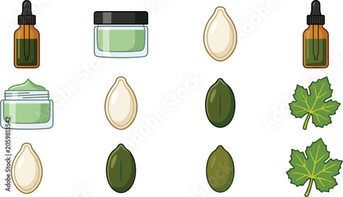 Billede på lærred Natural Pumpkin Seed Oil Skincare Icon Set with Dropper Bottles Cream Jars Organ
