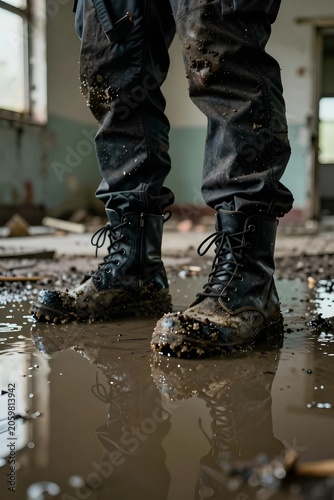 Military boots in the mud