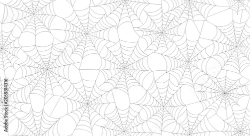 Intricate seamless pattern showing many interconnected spider webs in fine gray lines over a white background perfect for spooky halloween designs.