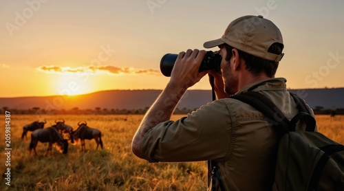 Man with binoculars observes wildebeest herd at sunset on African savanna. Person with backpack watches wildlife during golden hour in dry grass field, seeking animals.