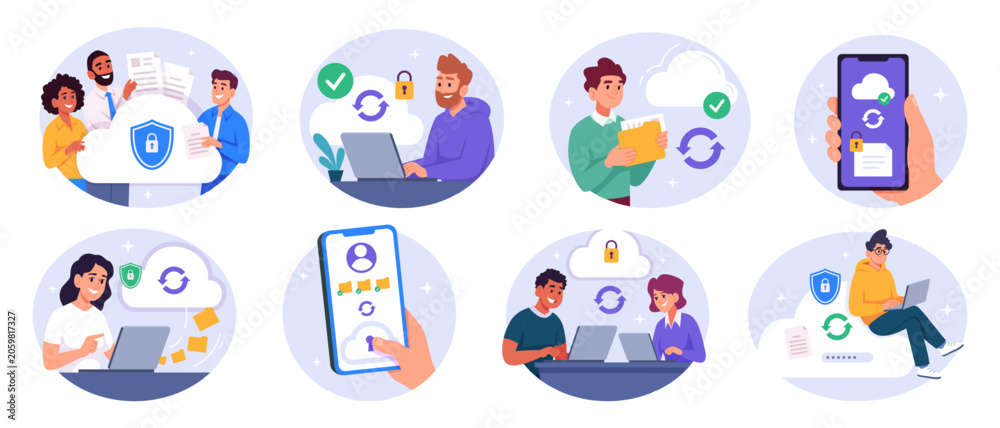Fototapeta premium Data Protection. Vector cloud computing scenes with laptops shields uploads downloads and secure file management exact collection