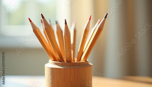 Colorful pencils in a wooden holder with a soft background