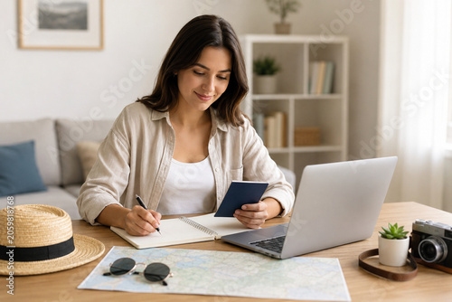 Young Woman Planning Travel Trip with Passport and Laptop