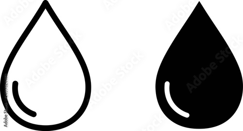 Water drop icons in outline and solid black on white background for graphic design