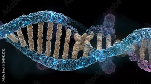 Medical video of a DNA double helix unwinding into chromosome strands, revealing an XXY trisomy configuration with detailed molecular structures and a glowing backbone.