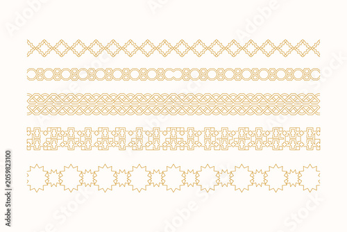 Set of Five Ornate Islamic Geometric Border Dividers Vector Illustration