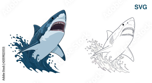 Obraz na plátně Great white shark breaching with open jaws and water splashes