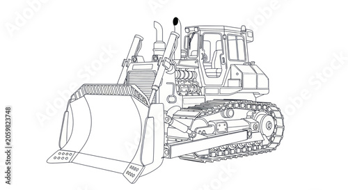 Heavy duty bulldozer crawler with large blade line art
