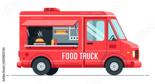 Red food truck with open serving window and street food