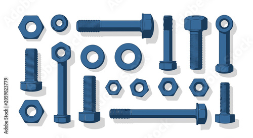 Collection of blue metal bolts nuts and hardware components