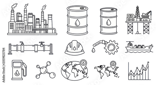 Petroleum industry and global energy production line icon set