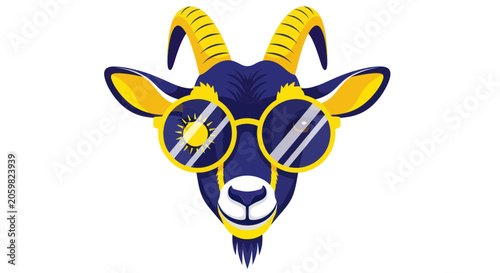 Stylized goat head wearing yellow sunglasses with sun reflection