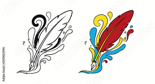 Artistic feather quill pen with colorful ink flourishes and nib