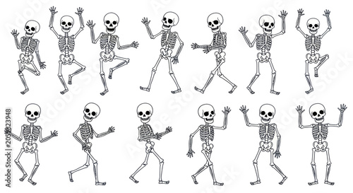 Funny skeleton characters in various dancing and waving poses