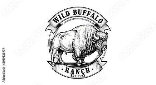 Vintage wild buffalo ranch emblem in woodcut style