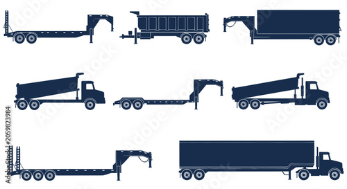 Set of commercial truck and trailer silhouettes for heavy transport