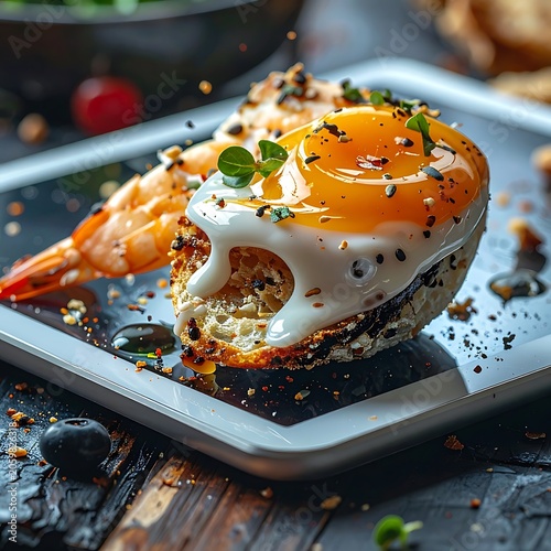 A close-up of shrimp on a plate with egg