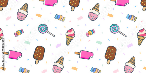 Canvas Print Ice cream treats and colorful candies are scattered across a bright surface to evoke a sense of childhood summer joy