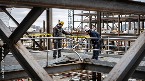 Workers Reviewing Damaged Guardrail Section On Steel Frame Platform