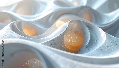 A close-up of wavy blue structures with orange orbs