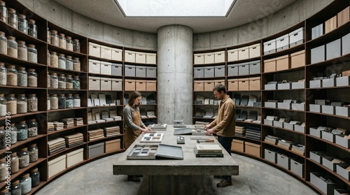 Circular Workshop Library With Oxidized Steel Shelves And Concrete Core