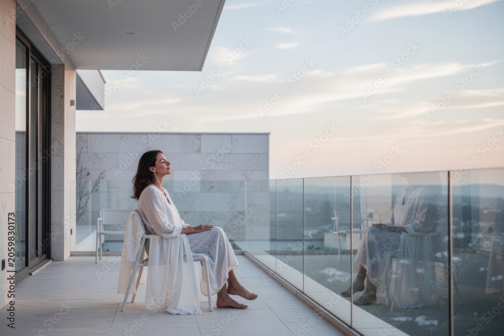 Obraz premium Woman relaxing on balcony during a quiet digital detox in modern setting