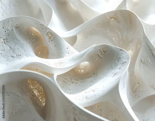 A close-up of white and gold abstract shapes resembling petals or waves