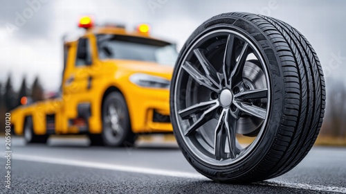 A close-up shot of a car tire with a tow truck in the background.