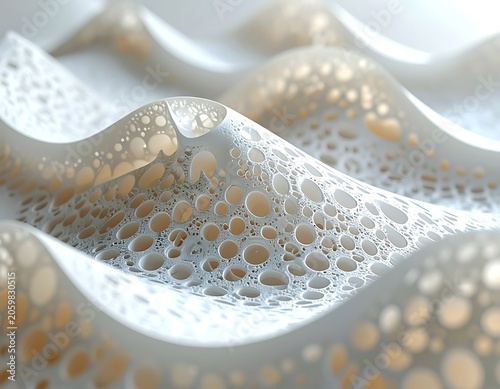 A close-up of white wavy surface with beige circular patterns
