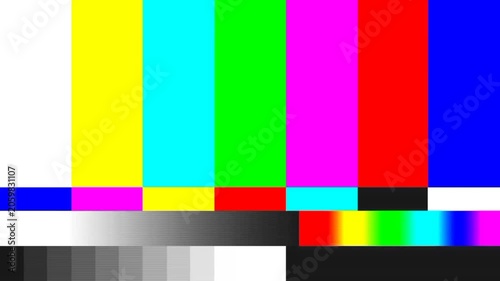 No signal screen glitch VHS color bars loop animation, Retro broadcast screen damage motion graphics