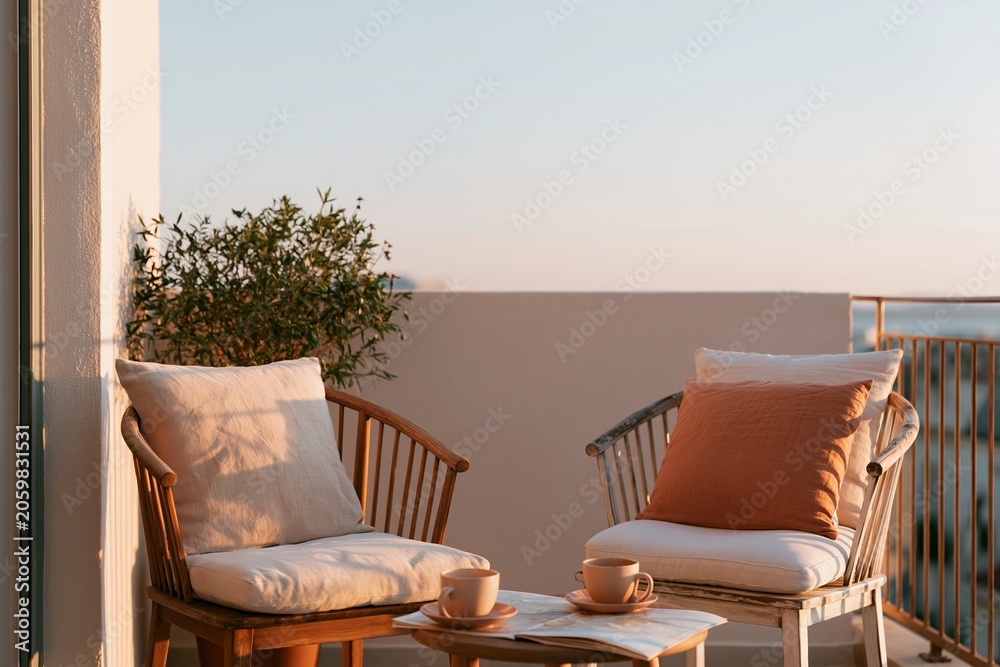 Obraz premium Shaded apartment terrace featuring two mismatched chairs with cushions, a small table, and a potted plant, illuminated by warm evening light