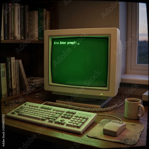 old television set and computer workstation with green screen display, desktop pc setup, office technology illustration
