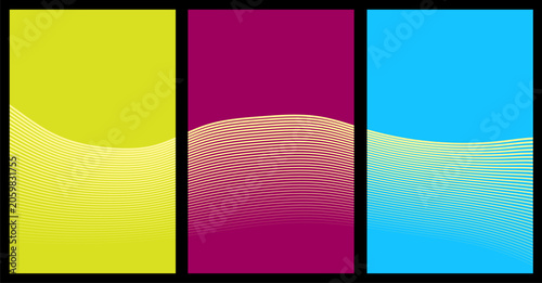 Three vertical panels with yellow magenta and blue color fields and wavy lines abstract triptych