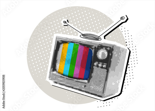 Trendy Halftone Collage Old TV. No Signal. Mixed media design. Modern collage style. Vector illustration