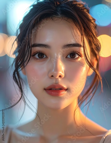 A close-up portrait of a young woman with a blurred background