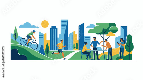 A vibrant city park scene with people engaging in various activities