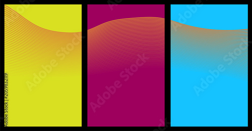 Abstract three panel geometric ripple pattern graphic with colored textured backgrounds, abstract