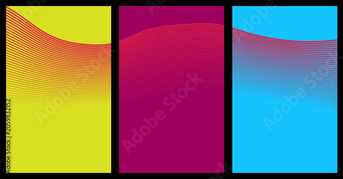Triptych of vertical color panels with halftone wave patterns abstract halftone gradient