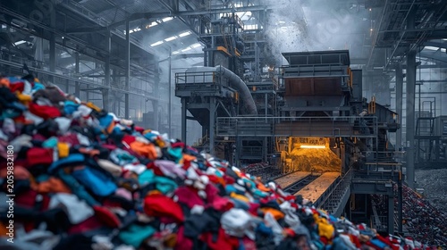Textile Recycling Facility with Pile of Discarded Clothing in Industrial Sorting Plant