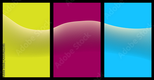 Abstract multi panel graphic design with flowing ripple lines on vivid color background blocks