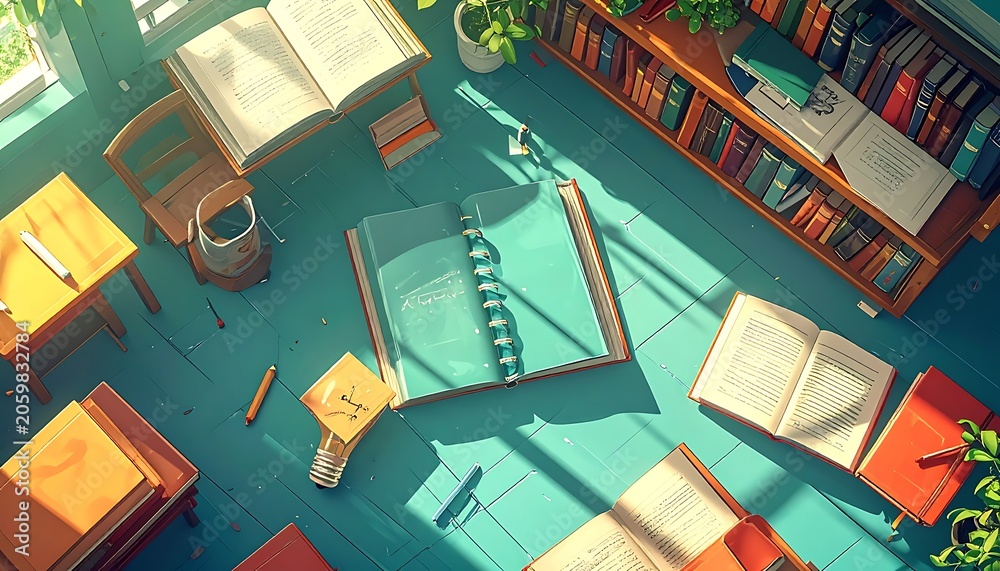 Fototapeta premium A cluttered study room with books, desks, and plants