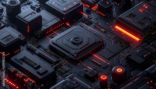 A close-up view of a futuristic circuit board with red glowing accents