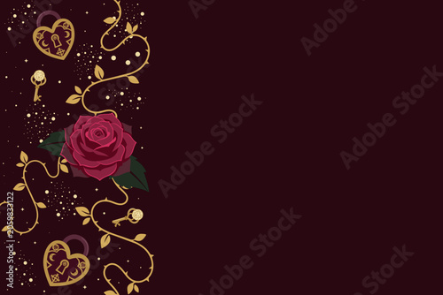 Slika na platnu Vintage Heart Padlock Side Border Banner with Antique Gold Key Ornament and Flor