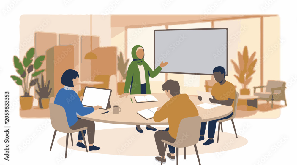 Fototapeta premium A woman in a green headscarf presents to three colleagues at a table