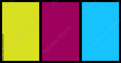 Abstract triptych of solid yellow magenta and cyan panels with abstract triptych minimalist