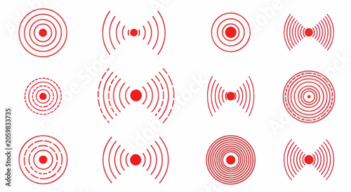 Tableau sur toile Red concentric circles and radiating pulse wave icons for pain points