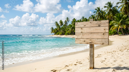 Blank wooden sign on a sandy beach with turquoise water and palm trees wood planks. Generative AI image
