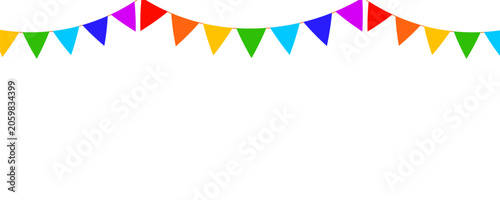Party bunting flags horizontal border decoration isolated on transparent background. Copy space. Perfect for birthday celebrations, carnival decorations, and festivals. PNG. Vector