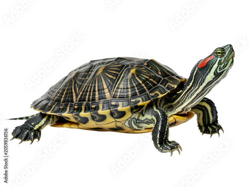 A Detailed Studio Portrait of a Red Eared Slider Turtle Isolated on White Background