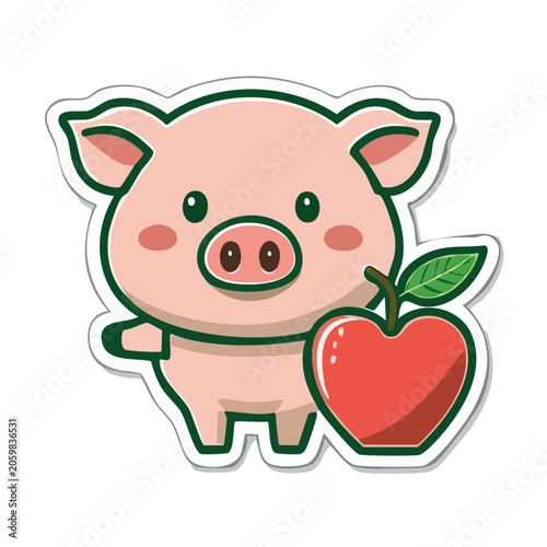 Cute cartoon pig holding a red apple